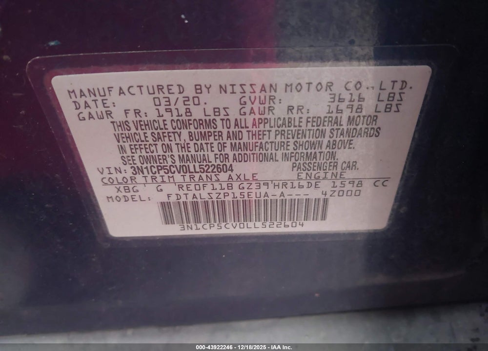 2020 NISSAN KICKS SV XTRONIC CVT VIN: 3N1CP5CV0LL522604