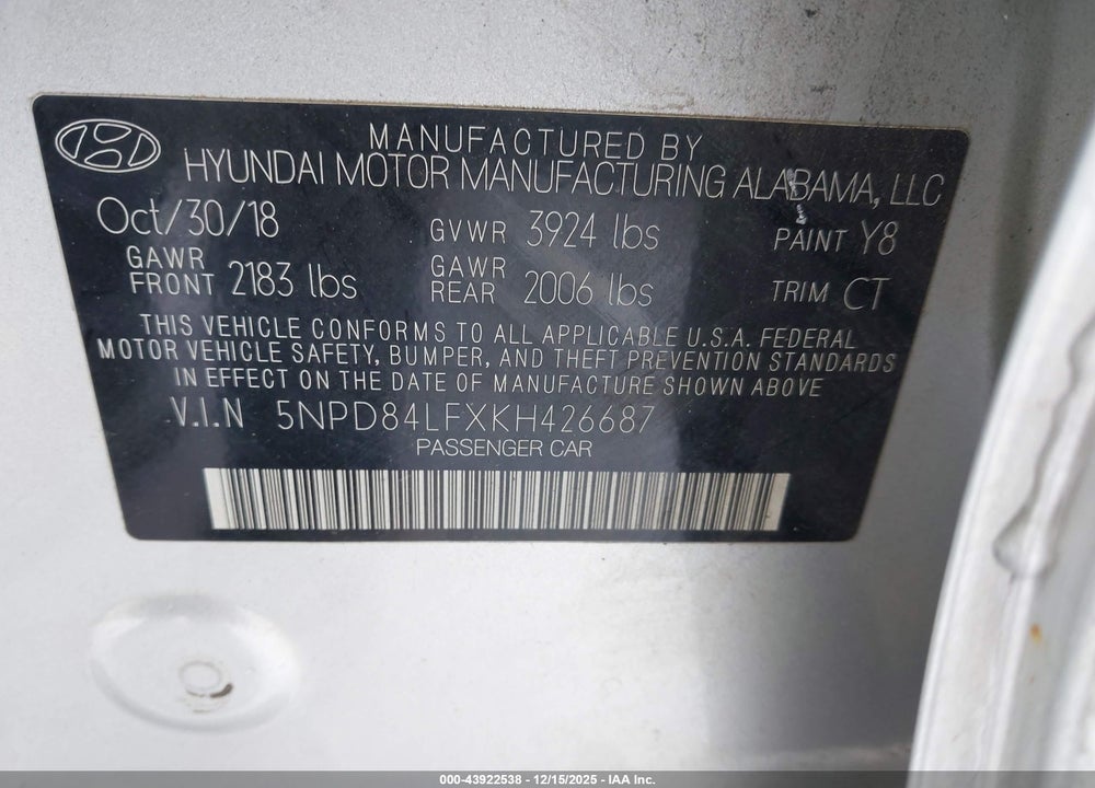 2019 HYUNDAI ELANTRA VALUE EDITION VIN: 5NPD84LFXKH426687