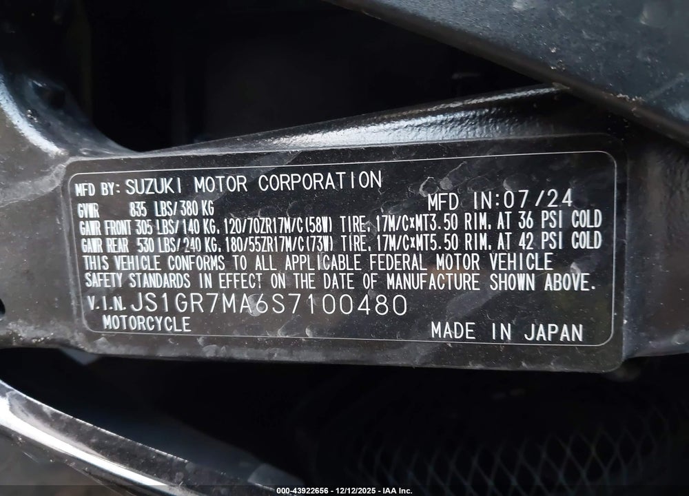 2025 SUZUKI GSX-R750 VIN: JS1GR7MA6S7100480