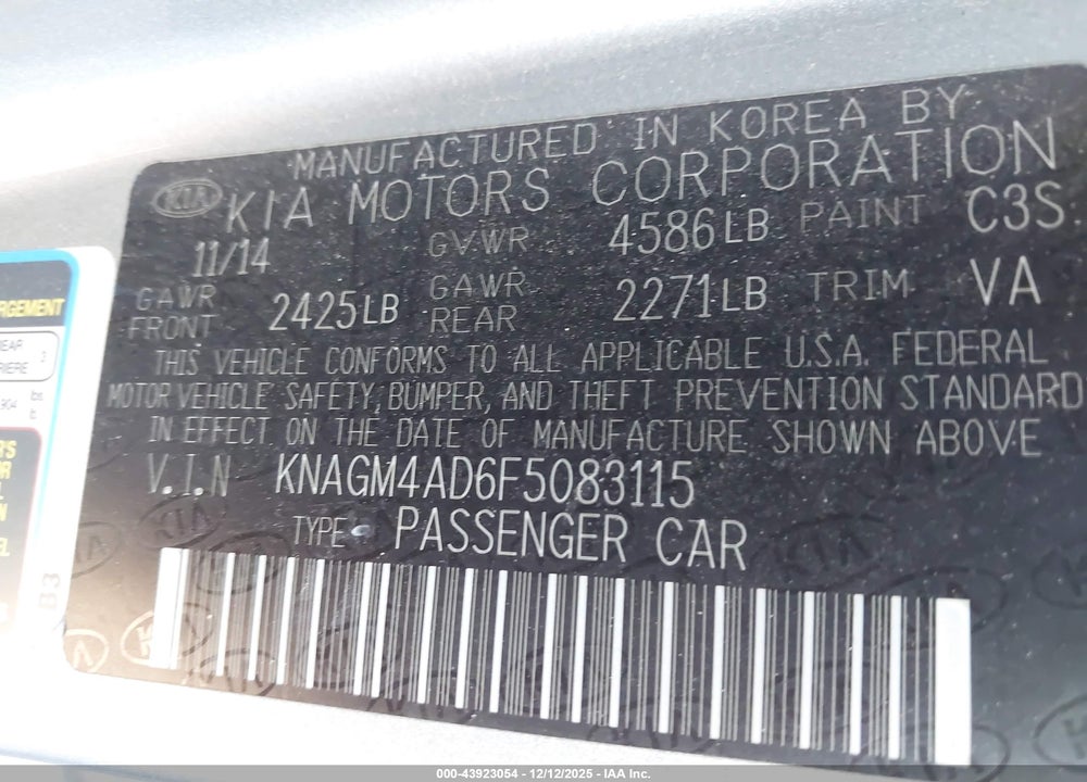 2015 KIA OPTIMA HYBRID VIN: KNAGM4AD6F5083115