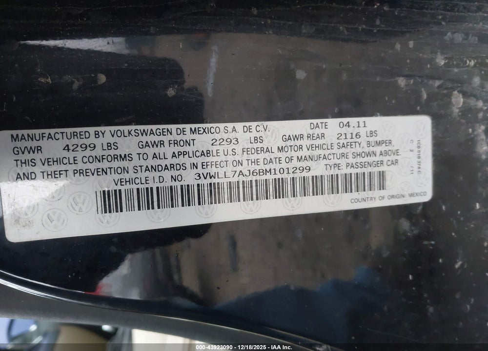 2011 VOLKSWAGEN JETTA 2.0L TDI VIN: 3VWLL7AJ6BM101299