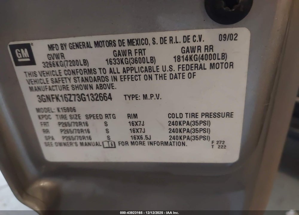 2003 CHEVROLET SUBURBAN 1500 LT VIN: 3GNFK16Z73G132664