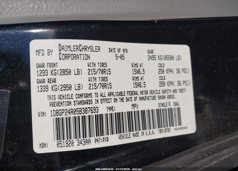 2005 DODGE GRAND CARAVAN SE VIN: 1D8GP24R05B387693