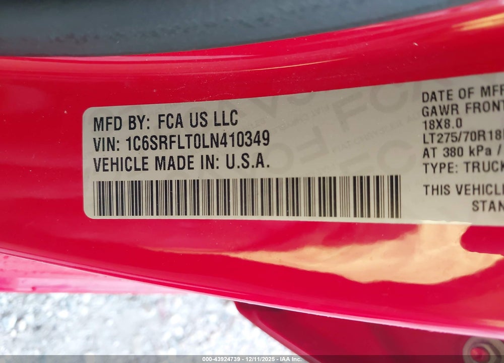 2020 RAM 1500 REBEL  4X4 5'7 BOX VIN: 1C6SRFLT0LN410349