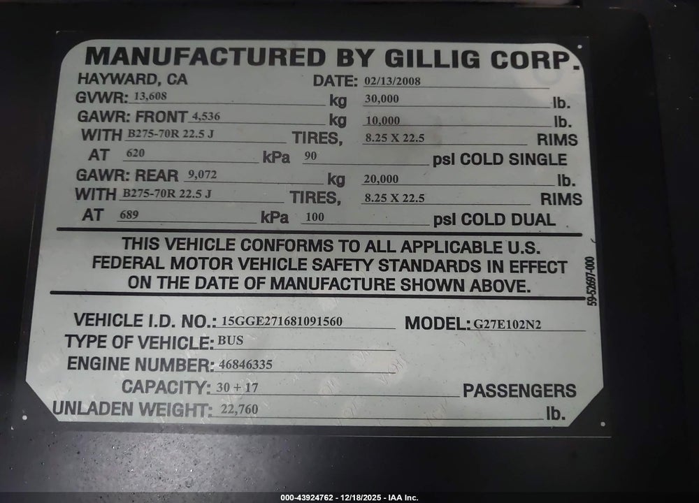 2008 GILLIG TRANSIT BUS LOW VIN: 15GGE271681091560