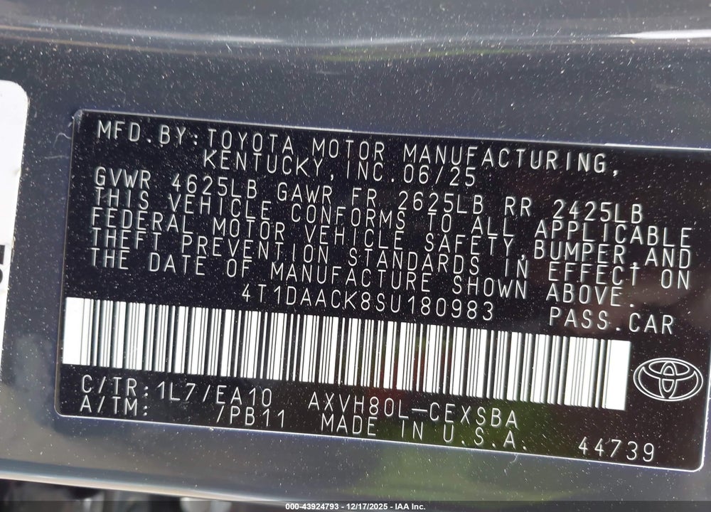 2025 TOYOTA CAMRY SE VIN: 4T1DAACK8SU180983