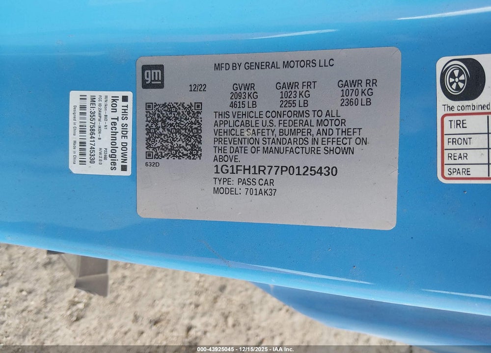 2023 CHEVROLET CAMARO VIN: 1G1FH1R77P0125430