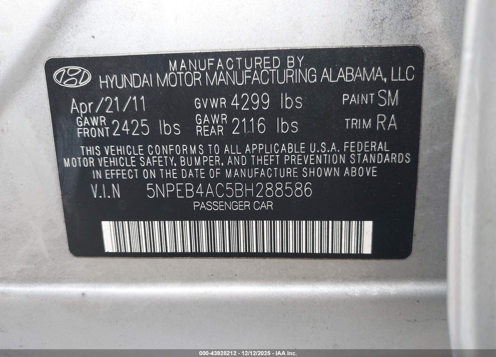 2011 HYUNDAI SONATA GLS VIN: 5NPEB4AC5BH288586