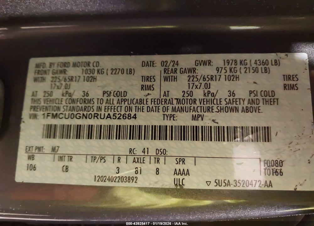 2024 FORD ESCAPE ACTIVE VIN: 1FMCU0GN0RUA52684
