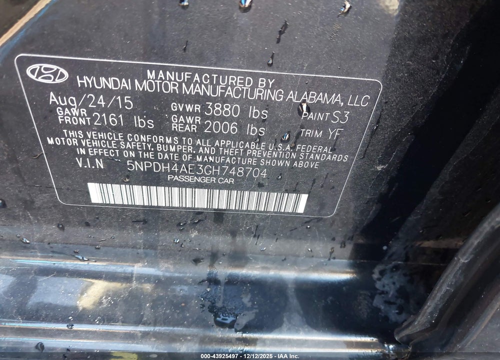 2016 HYUNDAI ELANTRA SE VIN: 5NPDH4AE3GH748704