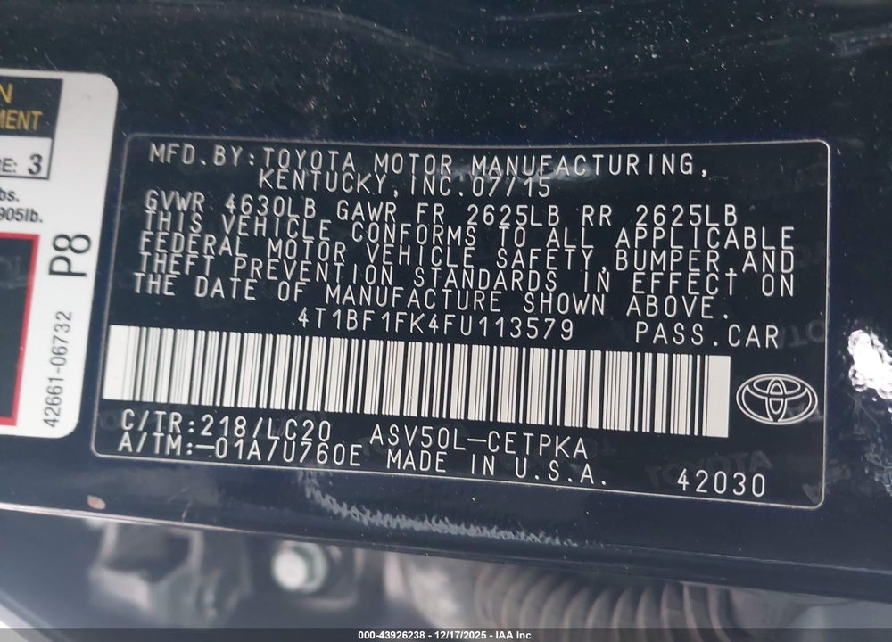 2015 TOYOTA CAMRY XSE VIN: 4T1BF1FK4FU113579