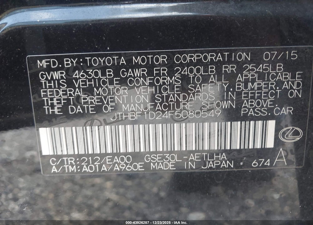 2015 LEXUS IS 250 VIN: JTHBF1D24F5080549