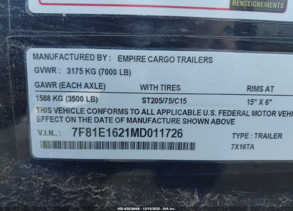 2021 EMPIRE ENCLOSED CARGO TRAILER/BALL TYPE PULL VIN: 7F81E1621MD011726