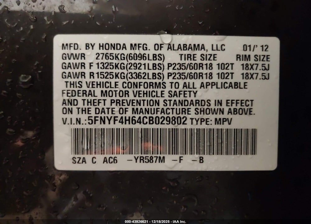 2012 HONDA PILOT EX-L VIN: 5FNYF4H64CB029802