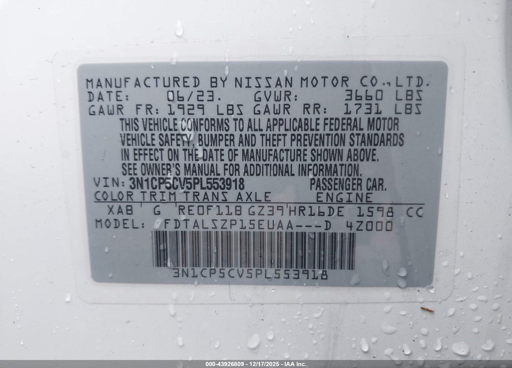 2023 NISSAN KICKS SV XTRONIC CVT VIN: 3N1CP5CV5PL553918