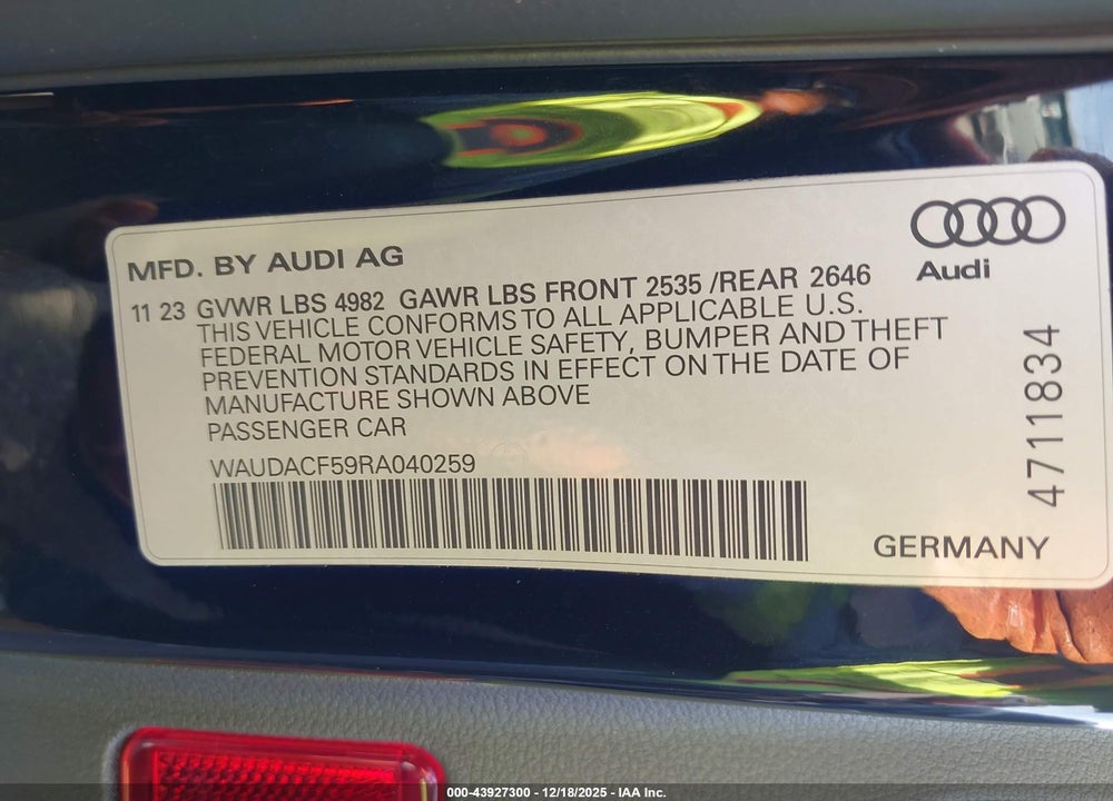 2024 AUDI A5 SPORTBACK PREMIUM 45 TFSI S LINE QUATTRO S TRONIC VIN: WAUDACF59RA040259