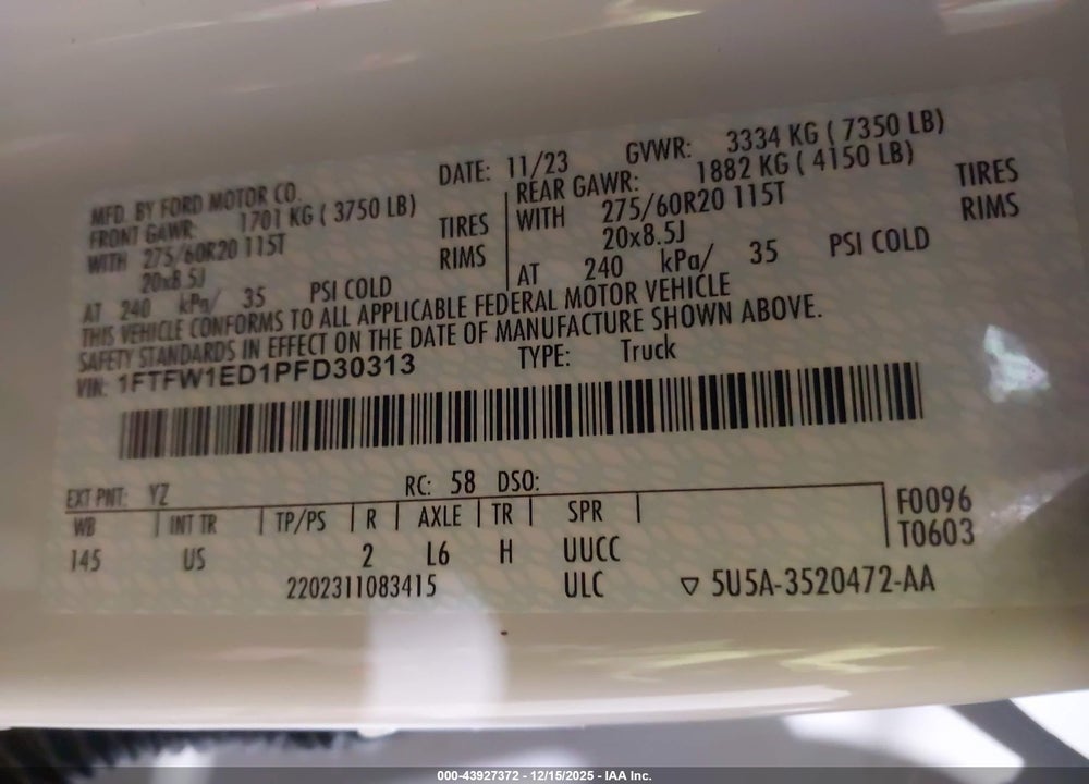 2023 FORD F-150 XLT VIN: 1FTFW1ED1PFD30313