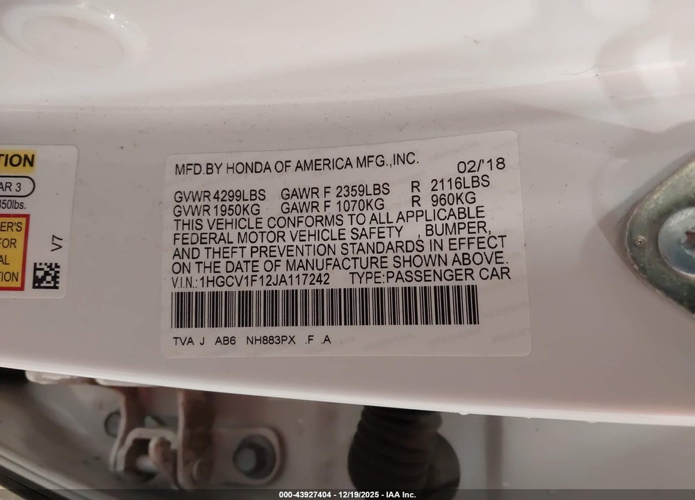 2018 HONDA ACCORD LX VIN: 1HGCV1F12JA117242
