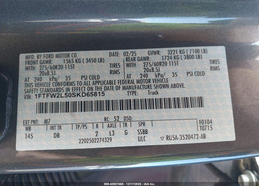 2025 FORD F-150 STX VIN: 1FTFW2L50SKD65815
