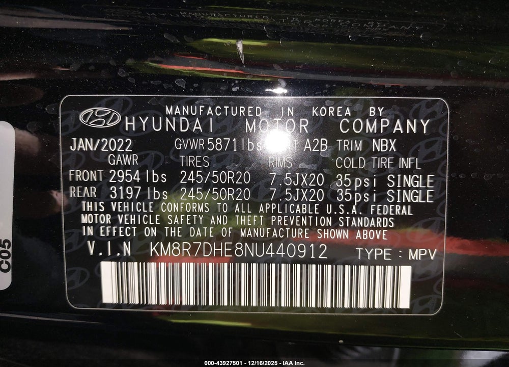 2022 HYUNDAI PALISADE CALLIGRAPHY VIN: KM8R7DHE8NU440912