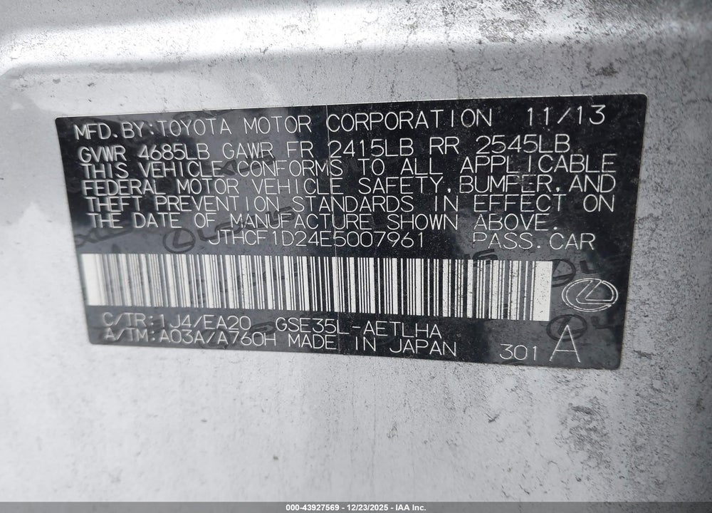 2014 LEXUS IS 250 VIN: JTHCF1D24E5007961