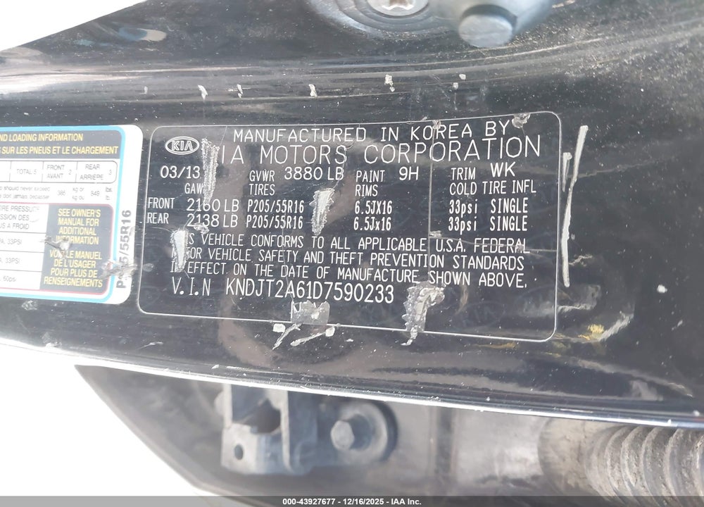 2013 KIA SOUL + VIN: KNDJT2A61D7590233