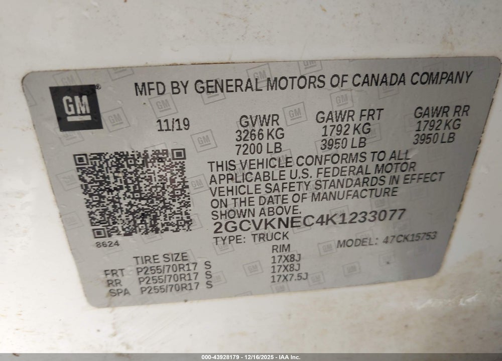 2019 CHEVROLET SILVERADO 1500 LD WT VIN: 2GCVKNEC4K1233077