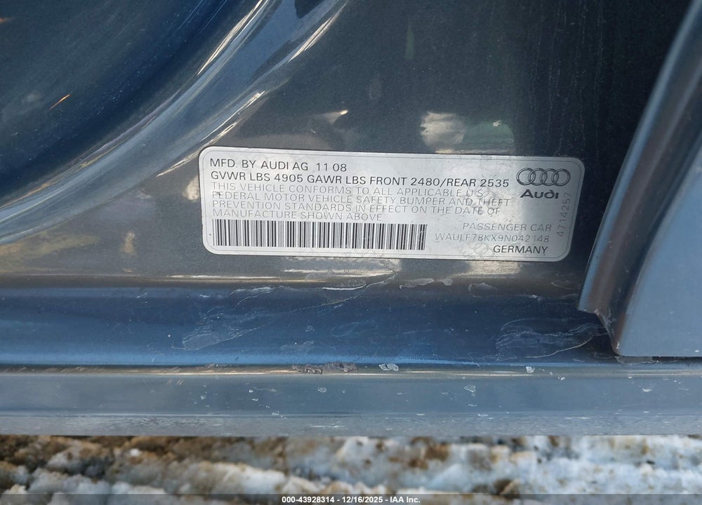 2009 AUDI A4 2.0T PREMIUM VIN: WAULF78KX9N042148