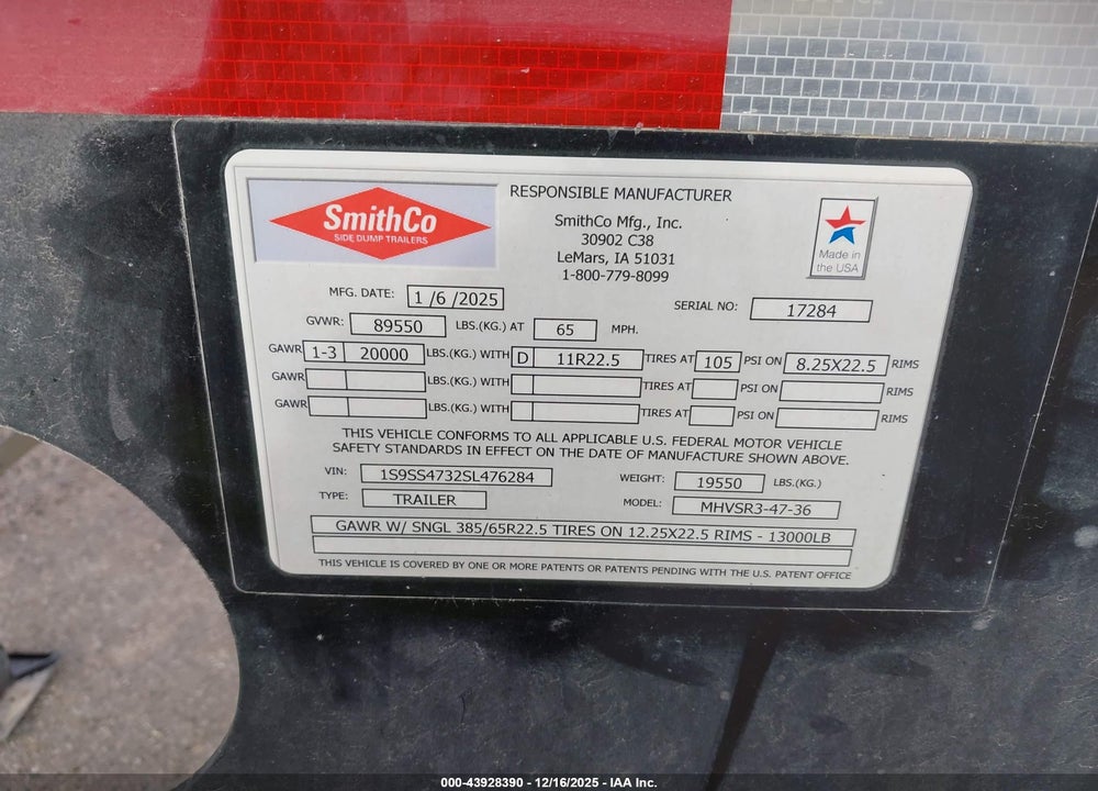 2025 SMITHCO MANUFACTURING SIDE DUMP VIN: 1S9SS4732SL476284