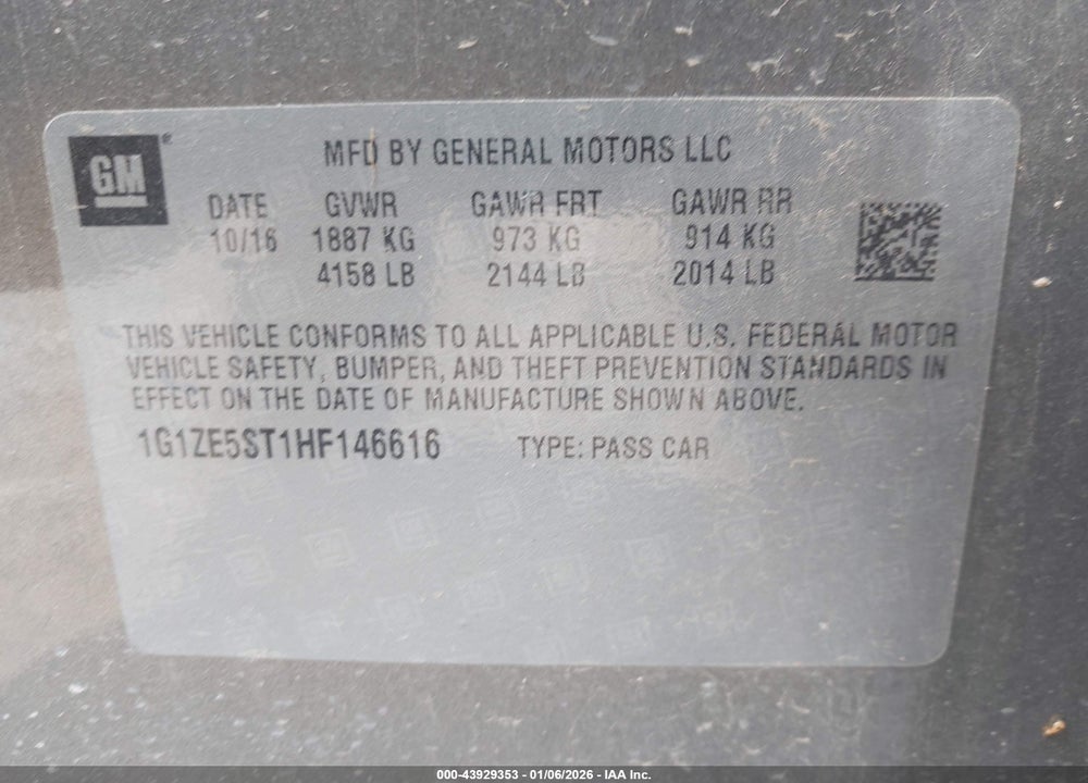 2017 CHEVROLET MALIBU 1LT VIN: 1G1ZE5ST1HF146616