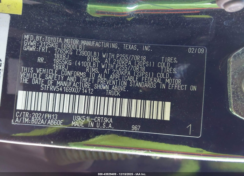 2009 TOYOTA TUNDRA GRADE 5.7L V8 VIN: 5TFRV54169X071412