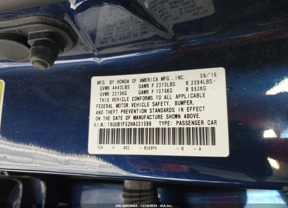 2017 ACURA TLX TECHNOLOGY PACKAGE VIN: 19UUB1F52HA001596