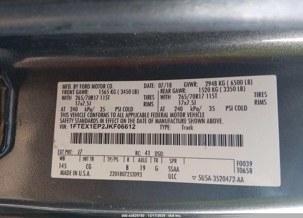 2018 FORD F-150 XL VIN: 1FTEX1EP2JKF06612