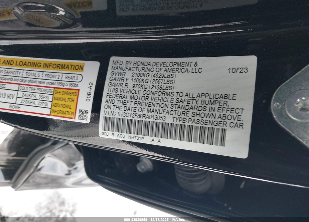 2024 HONDA ACCORD TOURING HYBRID VIN: 1HGCY2F88RA013053