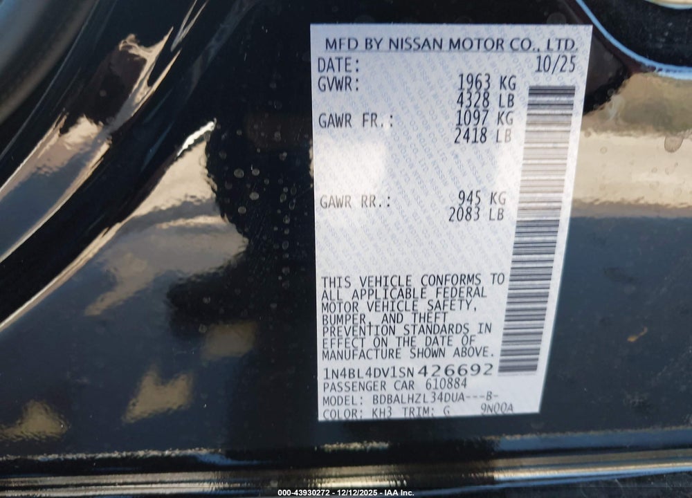 2025 NISSAN ALTIMA SV FWD VIN: 1N4BL4DV1SN426692