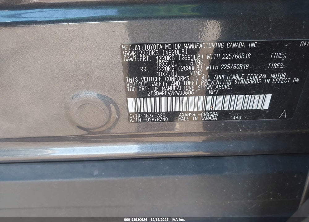 2019 TOYOTA RAV4 HYBRID LIMITED VIN: 2T3DWRFV7KW006061