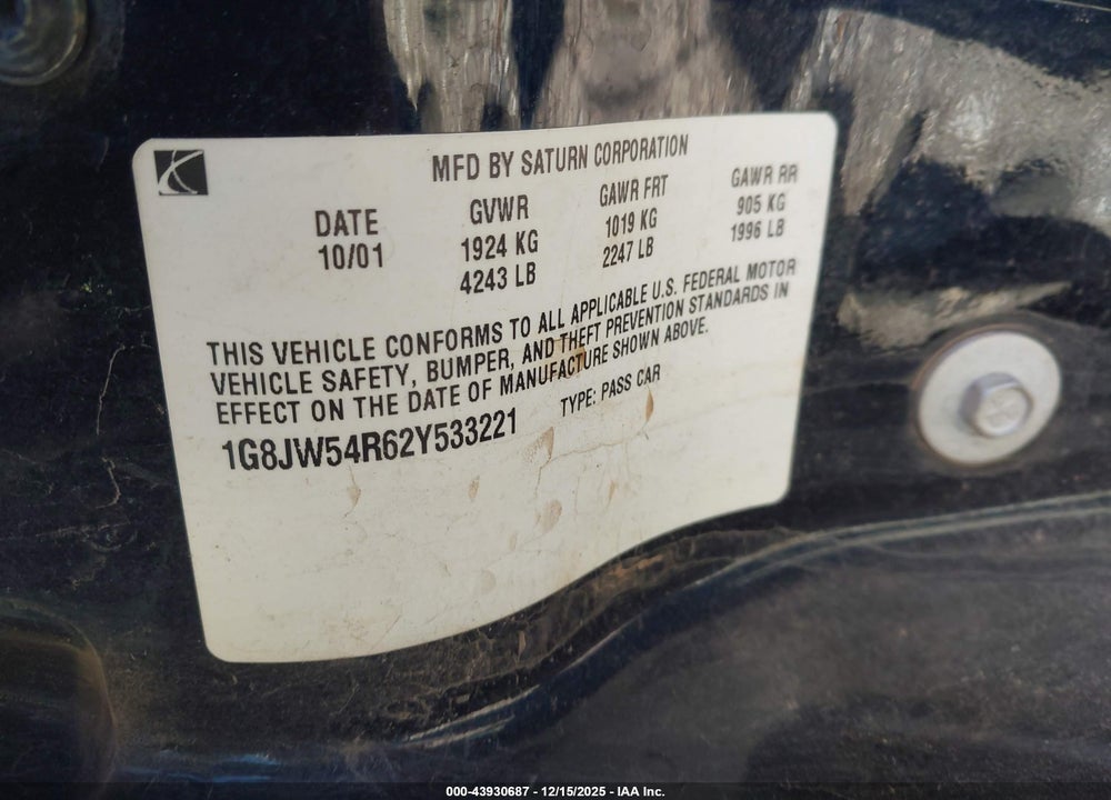 2002 SATURN L-SERIES L300 VIN: 1G8JW54R62Y533221