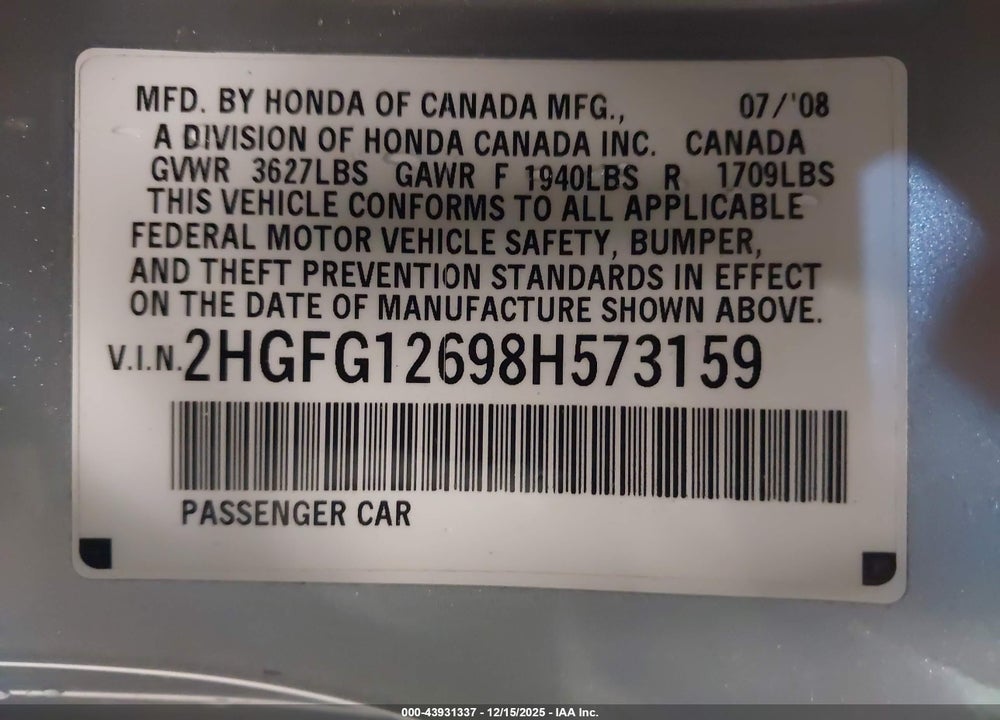 2008 HONDA CIVIC LX VIN: 2HGFG12698H573159