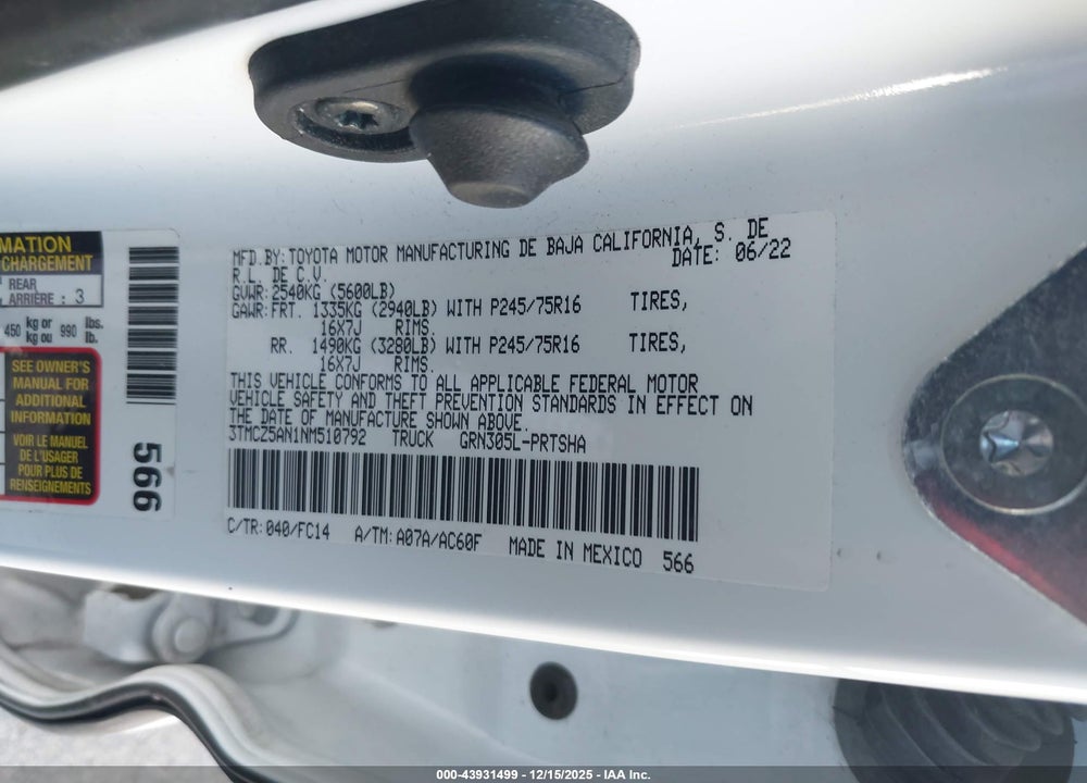 2022 TOYOTA TACOMA SR5 V6 VIN: 3TMCZ5AN1NM510792
