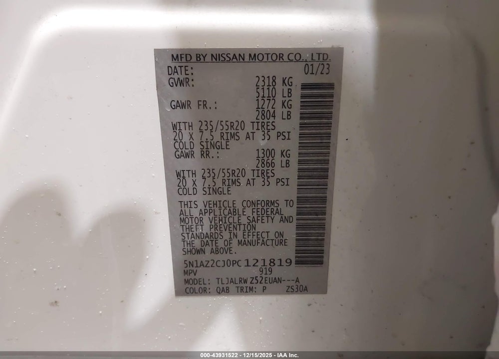 2023 NISSAN MURANO SL FWD VIN: 5N1AZ2CJ0PC121819