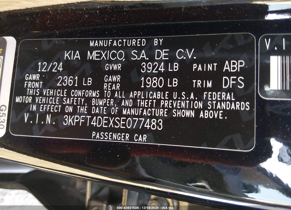 2025 KIA K4 LX VIN: 3KPFT4DEXSE077483