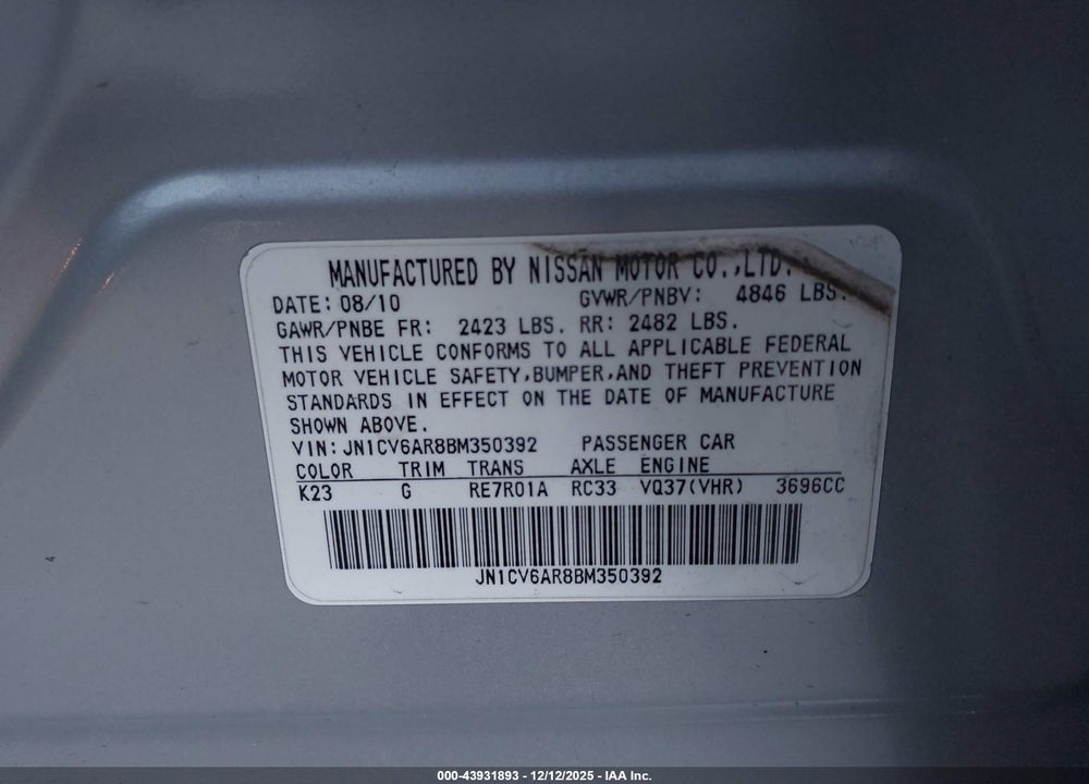2011 INFINITI G37X VIN: JN1CV6AR8BM350392