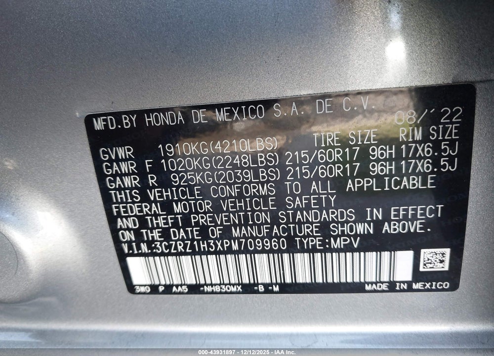 2023 HONDA HR-V 2WD LX VIN: 3CZRZ1H3XPM709960