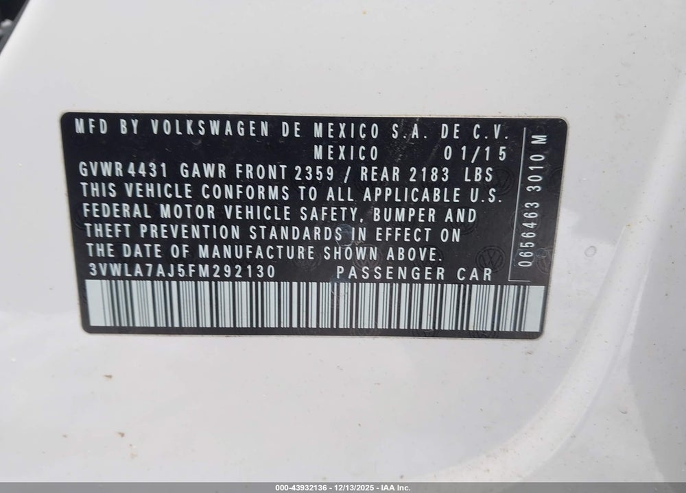2015 VOLKSWAGEN JETTA SEDAN 2.0L TDI SE VIN: 3VWLA7AJ5FM292130