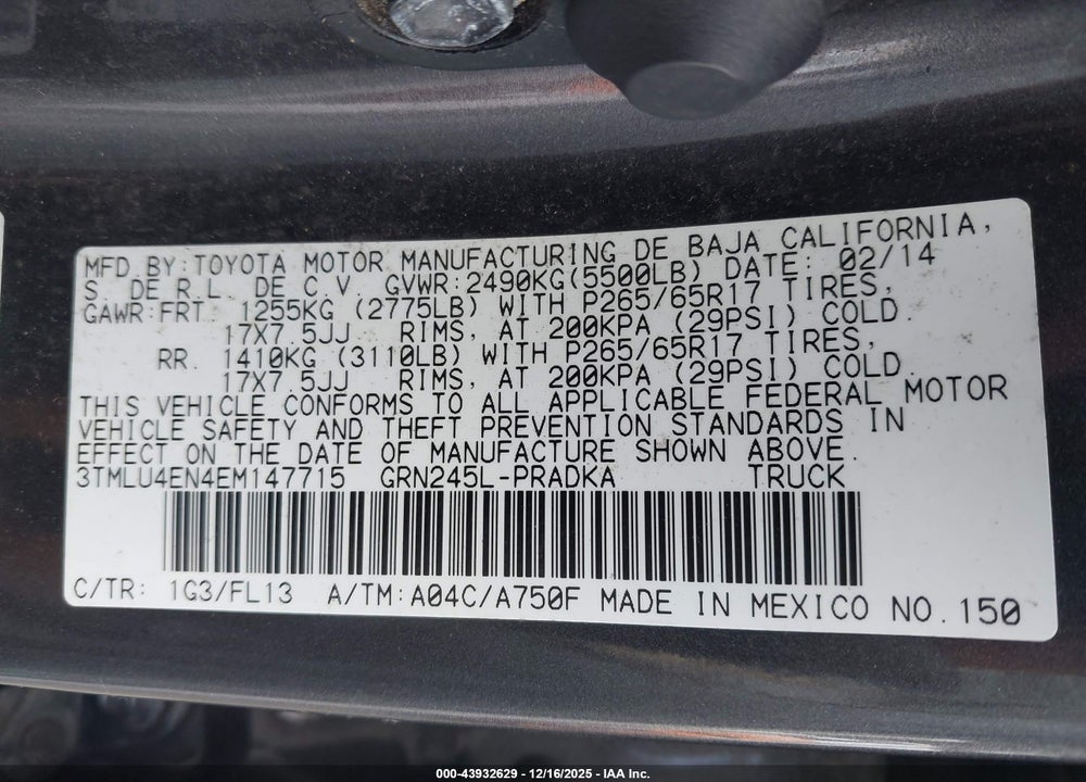 2014 TOYOTA TACOMA BASE V6 VIN: 3TMLU4EN4EM147715