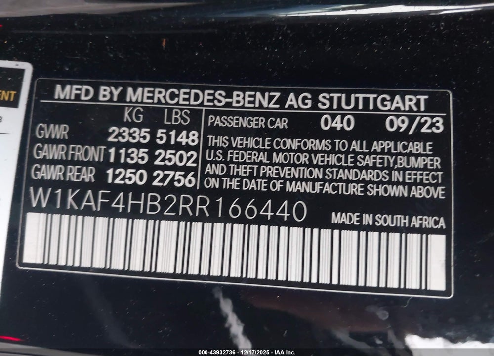 2024 MERCEDES-BENZ C 300 VIN: W1KAF4HB2RR166440