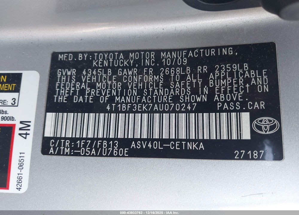 2010 TOYOTA CAMRY VIN: 4T1BF3EK7AU070247