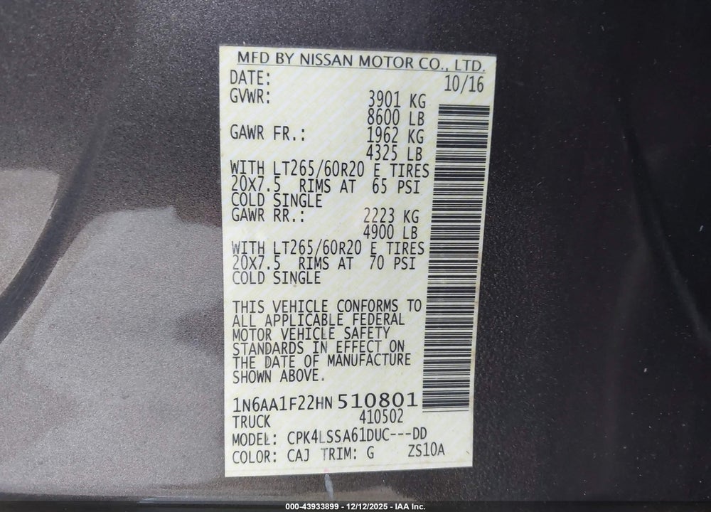 2017 NISSAN TITAN XD SV GAS VIN: 1N6AA1F22HN510801
