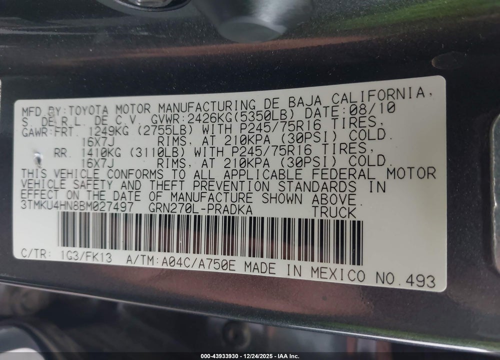 2011 TOYOTA TACOMA PRERUNNER V6 VIN: 3TMKU4HN8BM027497