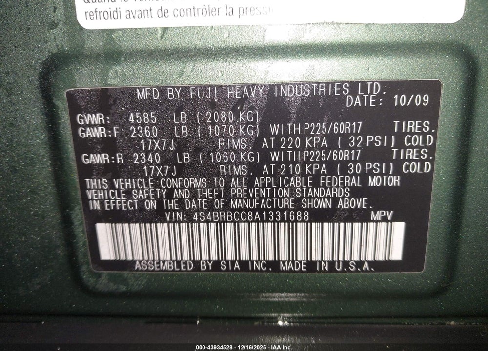 2010 SUBARU OUTBACK 2.5I PREMIUM VIN: 4S4BRBCC8A1331688